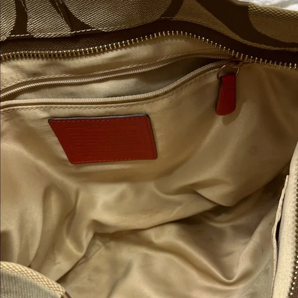 Coach Carly Signature Hobo Bag with red leather trim and gold-tone hardware. - Picture 12 of 14